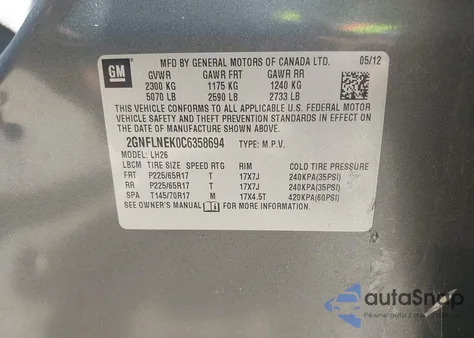 2012 Chevrolet Equinox 2Lt from USA, damaged, VIN 2GNFLNEK0C6358694